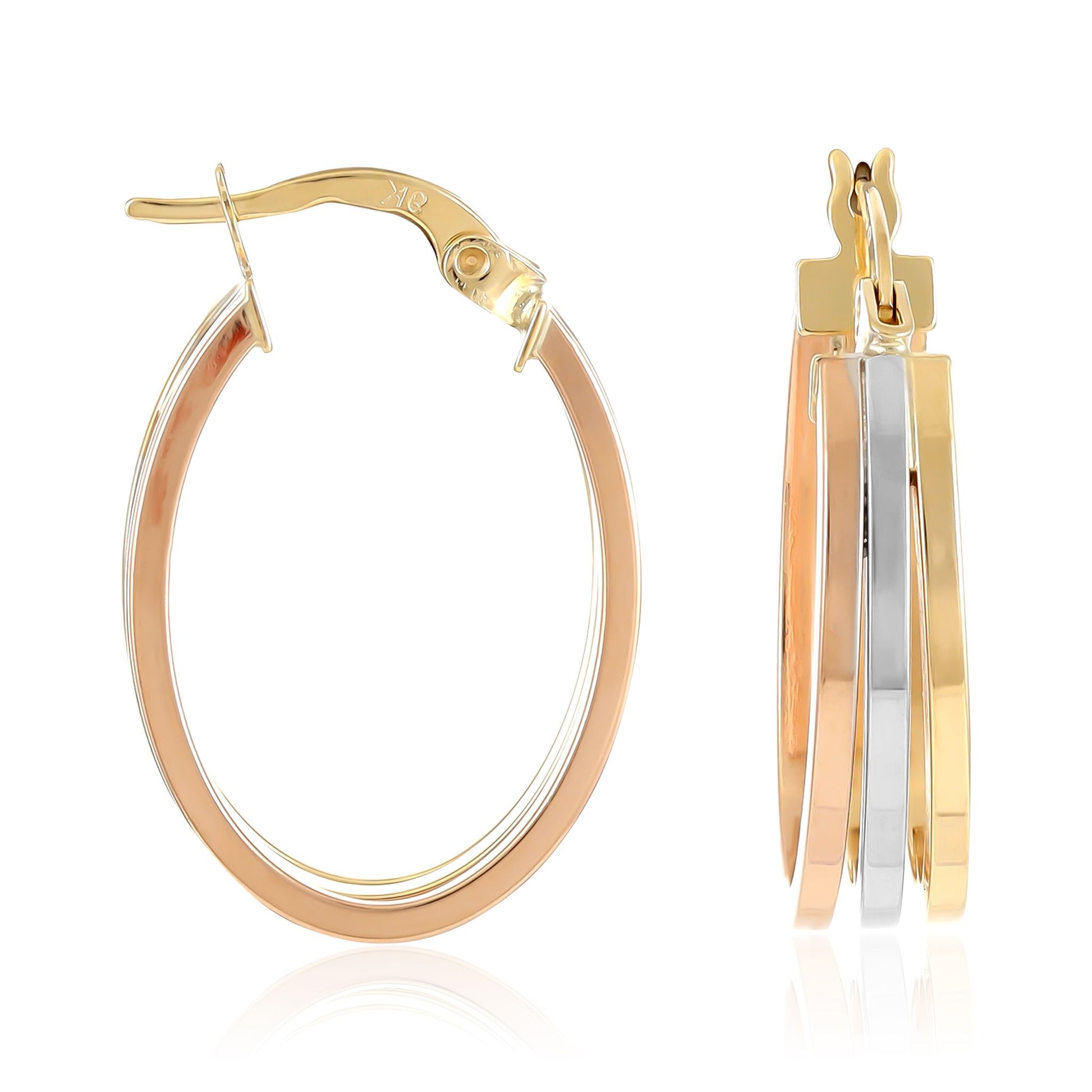 9ct Three Colour Gold Oval Shape Hoop Earrings