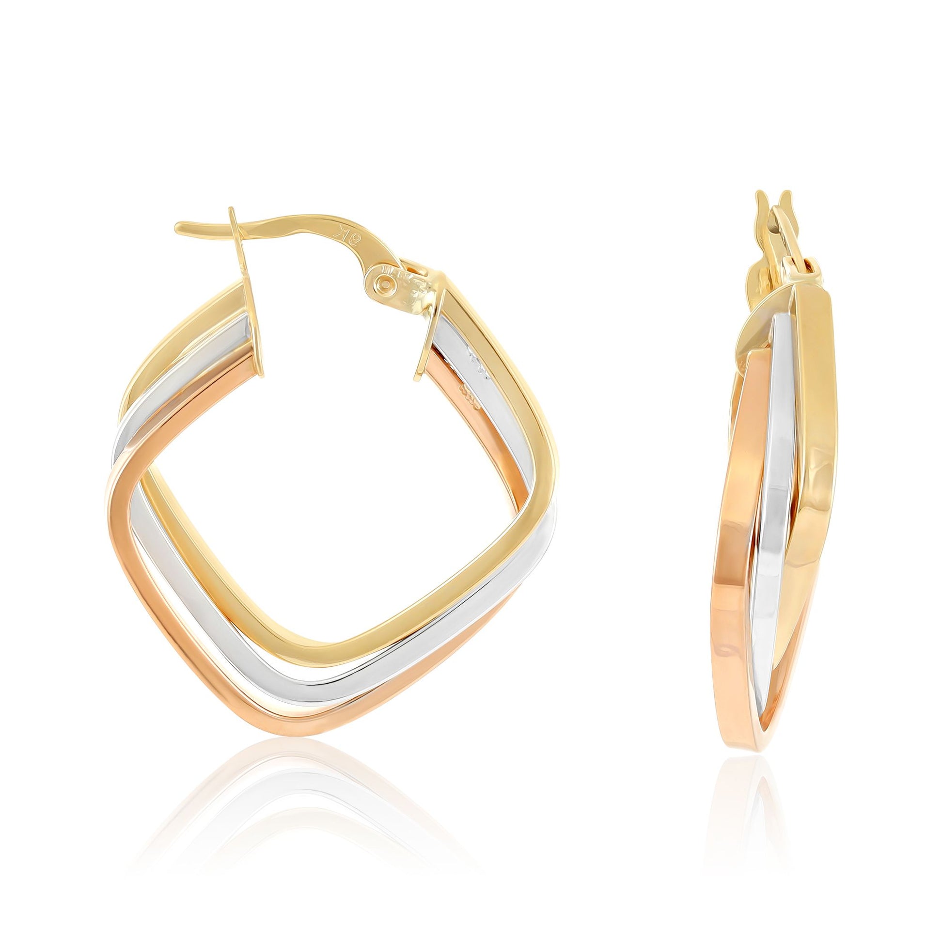 9ct Three Colour Gold Square Hoop Earrings