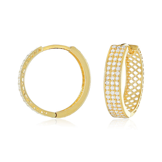 9ct Yellow Gold Triple Rows Cubic Zirconia Hoop Earrings